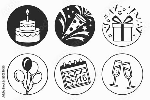 Birthday and party icons set isolated on white background in a circle shape