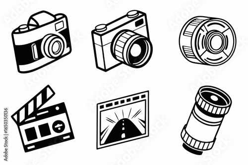 Collection of photography equipment isolated on white background in black and white