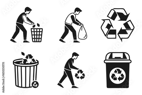 Set of recycling and waste management icons isolated on white background