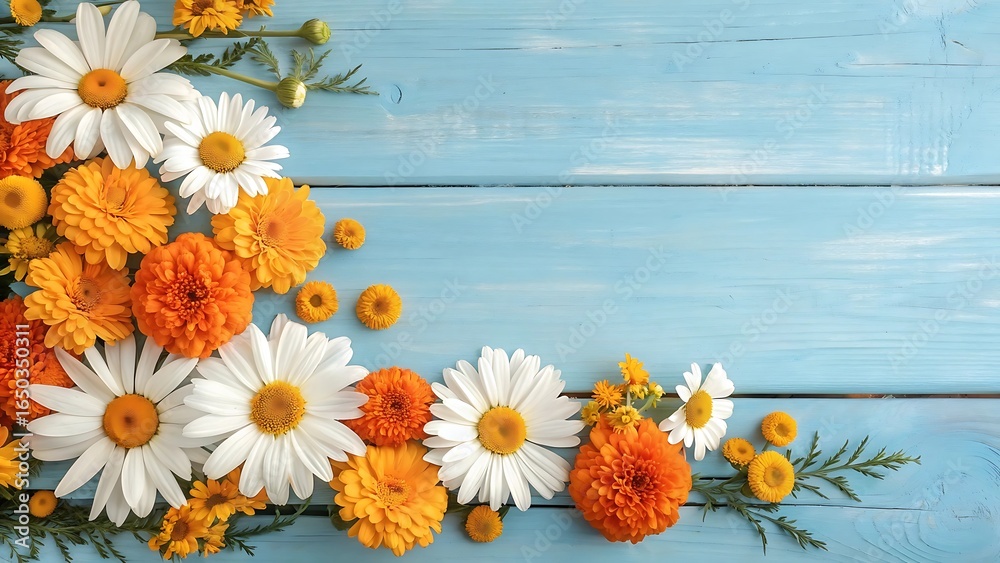 Obraz premium Vibrant daisy and chrysanthemum flowers arranged on rustic blue wooden background