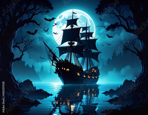 Dark pirate ship under a full moon