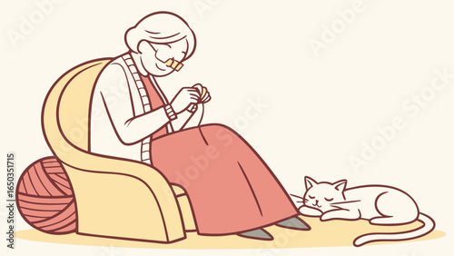 Serene elderly woman knitting in a comfortable armchair, accompanied by a peacefully sleeping white cat; warm, pastel line art illustration, peaceful and comforting mood.
