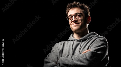 Confident Entrepreneur in Spotlight: A young, confident man with glasses and a grey hoodie poses with crossed arms against a dark background, exuding a cool and determined demeanor.