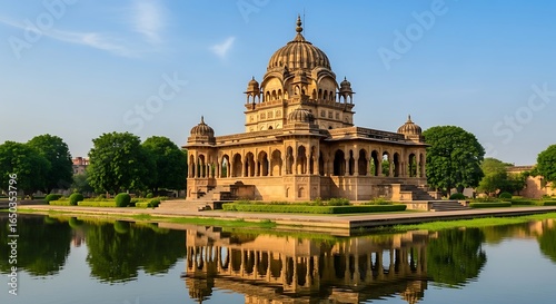 Rajasthan cenotaph architectural splendor reflecting serenity in still waters India