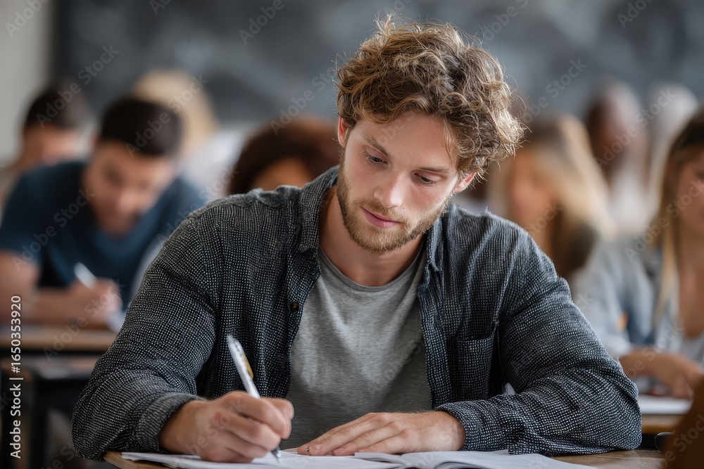 Young man studying and concentrating for a test exam in a classroom filled with students during daytime Young man studying and concentrating for a test exam in a classroom filled with students during daytime