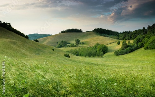 Rolling green hills stretching into the distance. The foreground features tall grasses swaying gently, adding texture and movement to the scene.