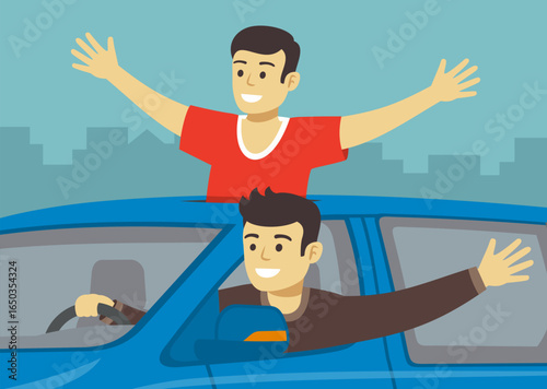 Close-up of reckless passenger hanging out of sunroof and driver sticks his hand out of the moving vehicle window. Flat vector illustration template.