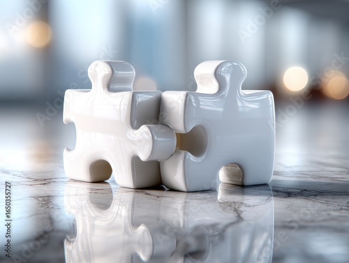 Two white puzzle pieces, nearly touching, on a marble surface
