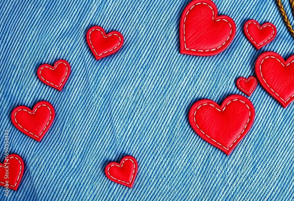 Obraz premium Charming denim texture with stitched hearts; perfect for Valentine's Day, closeup, embroidery