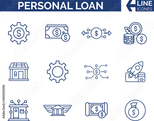 Modern Finance and Personal Loan Icon Set. Banking, Credit, Debt, Borrowing, Repayment, Money, Mortgage, Interest Rate, Credit, Cash Loan, Installment Icon Vector.