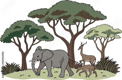 Natural Forest Scene with Elephants and Deer Illustration. Wildlife Forest Scene Featuring Elephants and Deer. Elephant and Deer Scene in Natural Forest Landscape. Forest Wildlife Illustration with
