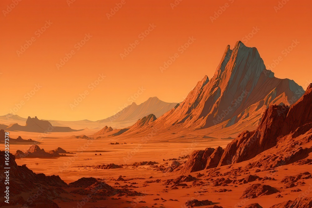 Naklejka premium Majestic red planet landscape featuring rocky hills and arid terrain under a stunning orange sky at dusk