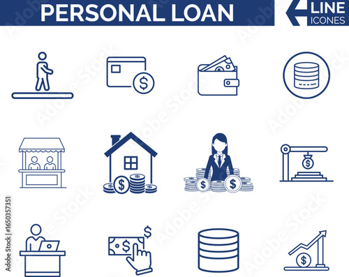 Modern Finance and Personal Loan Icon Set. Banking, Credit, Debt, Borrowing, Repayment, Money, Mortgage, Interest Rate, Credit, Cash Loan, Installment Icon Vector.