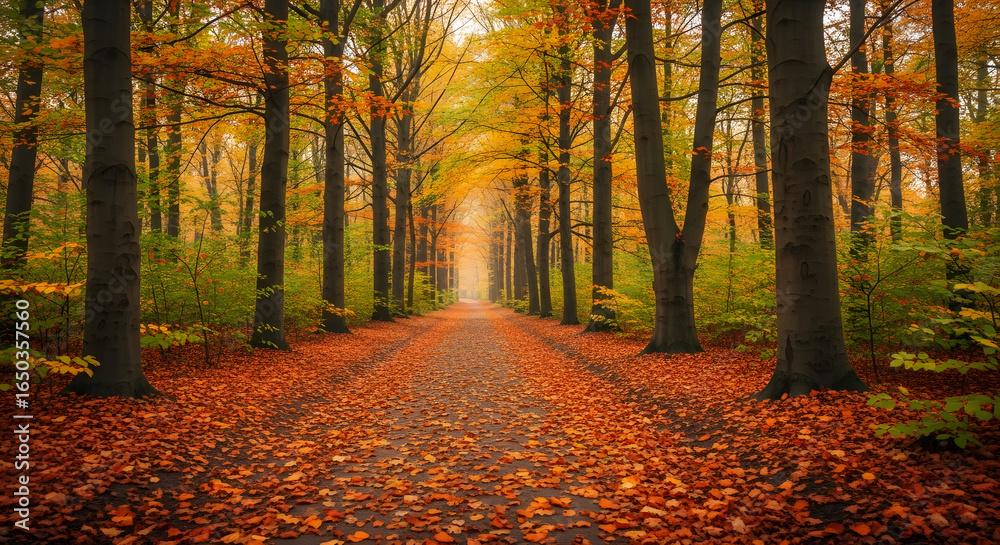 Naklejka premium A tranquil path vanishes into a misty autumn forest lined with towering trees and a carpet of vibrant fallen leaves, evoking a sense of serenity and the beauty of the changing seasons