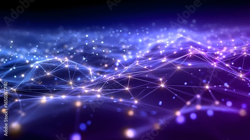 Futuristic neural network grid with dynamic data streams, glowing nodes, and thin connecting lines on a blue-violet gradient background