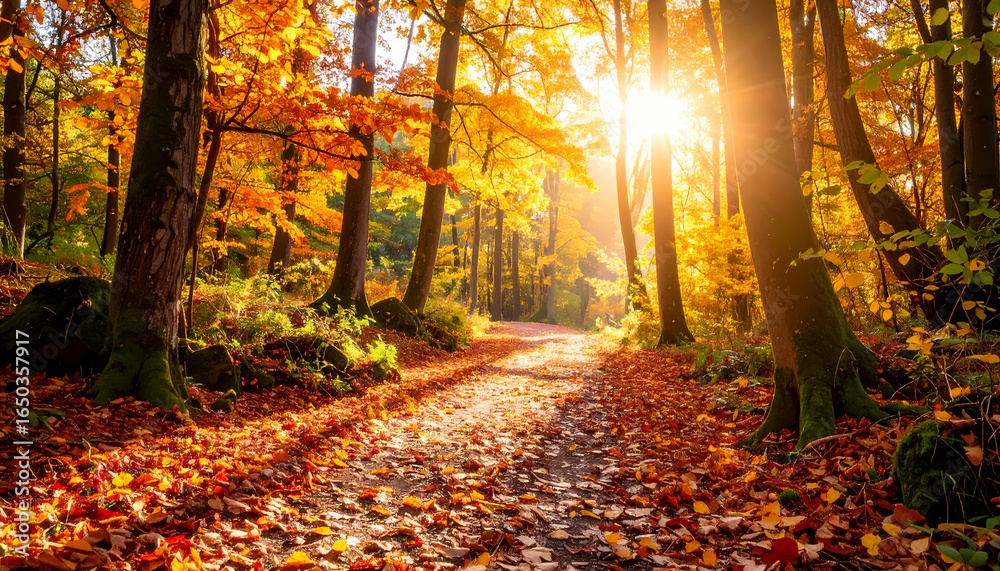 Obraz premium Autumn forest path sunlight