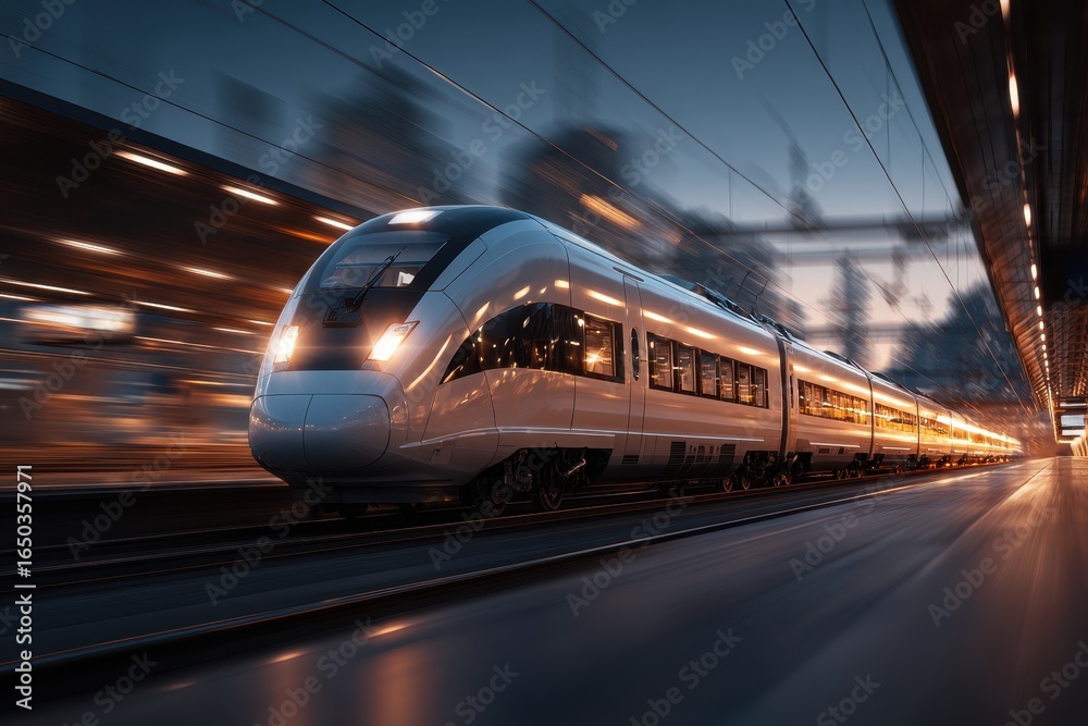 Fototapeta premium High speed train traveling at full speed during twilight at a modern station, showcasing the power and design of contemporary rail transport technology