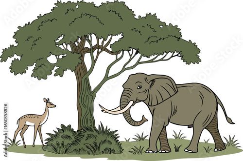 Natural Forest Scene with Elephants and Deer Illustration. Wildlife Forest Scene Featuring Elephants and Deer. Elephant and Deer Scene in Natural Forest Landscape. Forest Wildlife Illustration with