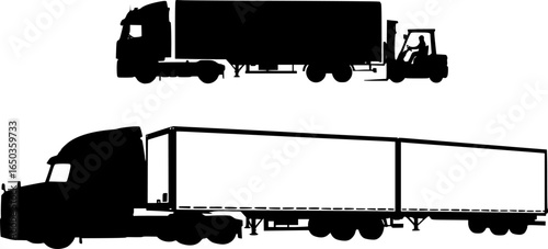 Silhouette of a semi truck with a trailer being loaded by a forklift with a driver inside it
