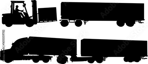 Silhouette of a semi truck with a trailer being loaded by a forklift with a driver inside it
