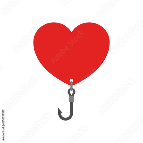 The hook hangs on the heart. Fishing hook with heart. Vector clipart and drawing. Isolated illustration on white background.