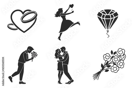 Romantic love and wedding icons set isolated on white background