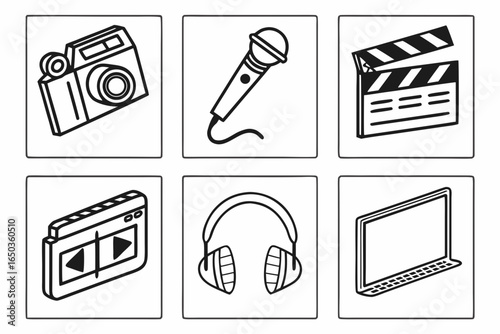 Media and entertainment icons isolated on white background