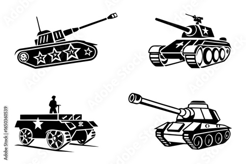 Set of military tank icons isolated on white background