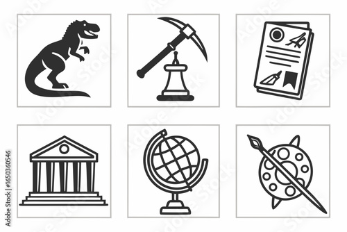 Collection of history and science icons isolated on white background