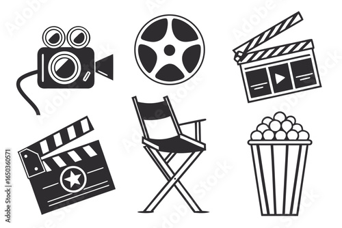Collection of movie and cinema icons isolated on white background