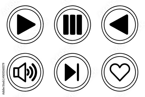 Media player control icons isolated on white background, vector illustration