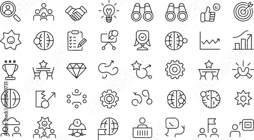 Collection of Business Strategy Icons - Modern Thin Line Symbols for Innovation, Growth, and Teamwork Concepts