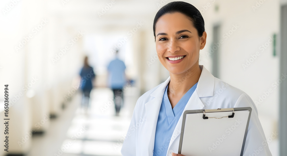 Fototapeta premium Dedicated healthcare professional with a warm smile stands confidently in a hospital corridor exemplifying trust and competence while contributing to a positive patient experience and healthcare