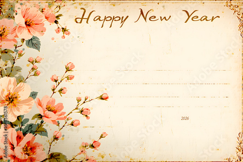 Vintage Floral Happy New Year Card with Space for Personal Message in 2026