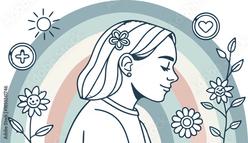 Serene woman profile illustration, pastel rainbow backdrop, minimalist line art style, peaceful and hopeful mood, featuring floral elements and positive symbols, conveying wellness and self-care.