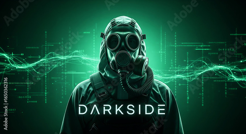 Concealed protector in a gas mask standing against a backdrop of flowing green data, representing the enigmatic and dangerous aspects of the digital frontier.