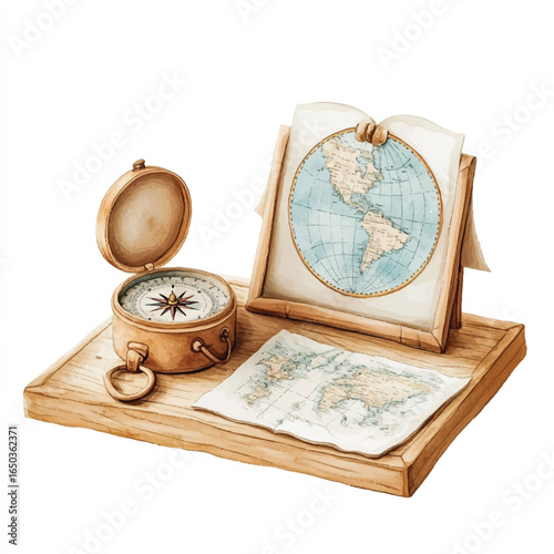 a cute Compass and map set on a wooden desk