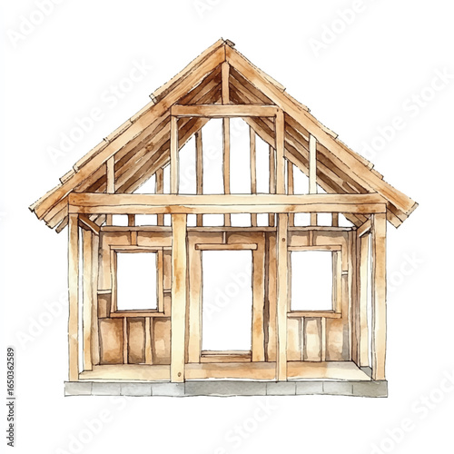 a cute construction newly framed wooden house
