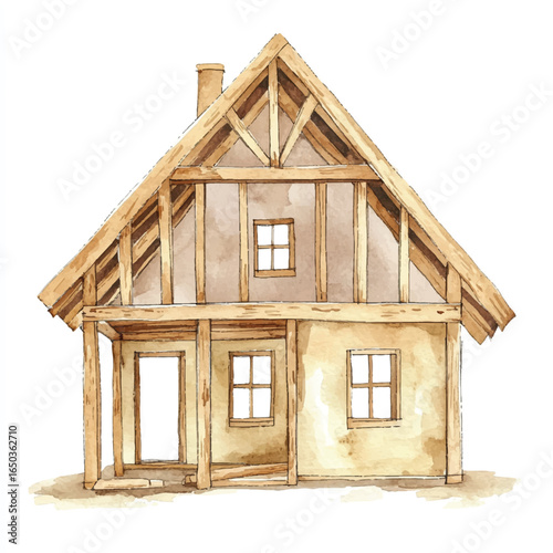 a cute construction newly framed wooden house