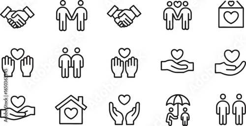 A Set of 15 Minimalist Black Line Art Icons for Love, Community, and Support