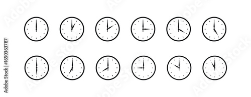 Simple analog clock face bundle showing different times in minimal design