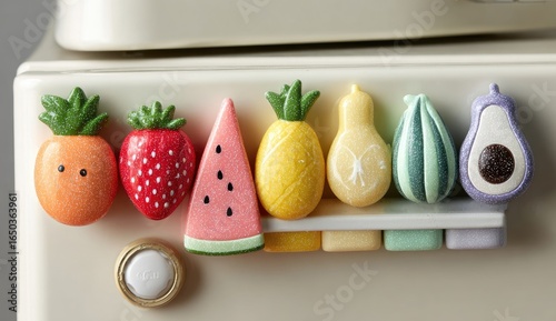 Colorful fruit magnets lined up on a pastel-colored shelf