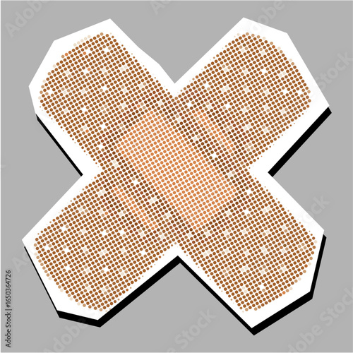 Crossed band aid halftone dotted collage element in paper torn vector. A conceptual design for first aid, healthcare, and healing with a vintage, retro comic book feel.