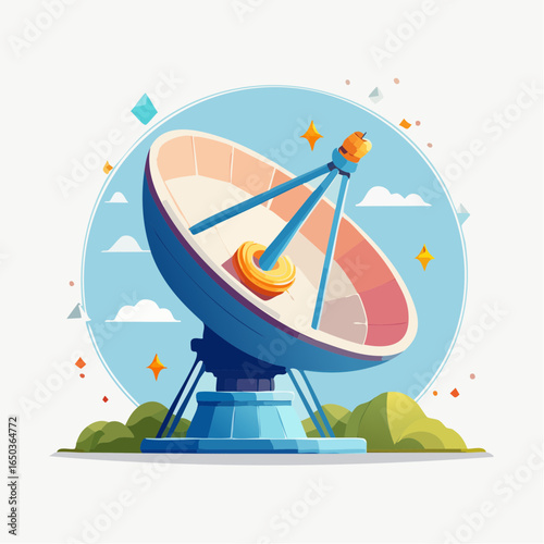 Flat style vector icon of a satellite dish capturing signals from space, symbolizing astronomy communication and research.