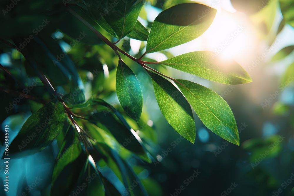 Obraz premium Sunlight filters through vibrant green leaves, illuminating the delicate textures and shapes in a peaceful forest setting during the early hours of the morning