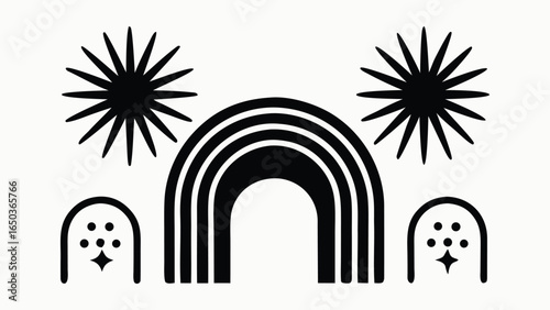 Vector art of boho abstract rainbow arch with sunbursts and arches, isolated on white background.