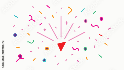 Vector art of colorful confetti explosion from a party popper with abstract shapes, isolated on white background.