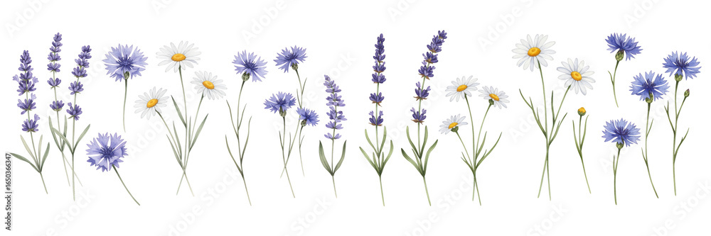 Fototapeta premium A colorful array of blossoms, featuring daisies and lavender, arranged beautifully.