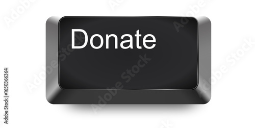 Donate Computer Key Keyboard vector. A stylized keyboard key with the word "Donate" on it, symbolizing online donations, charity, and digital fundraising efforts
