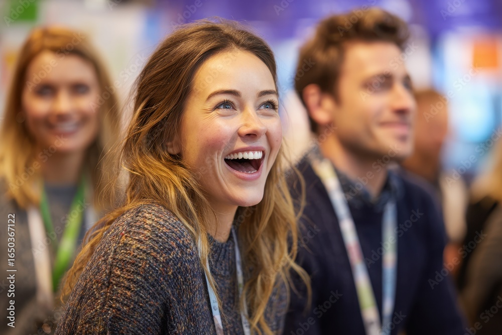 Obraz premium Happy young woman laughing joyfully in a lively atmosphere during a social event surrounded by engaging attendees in a vibrant setting